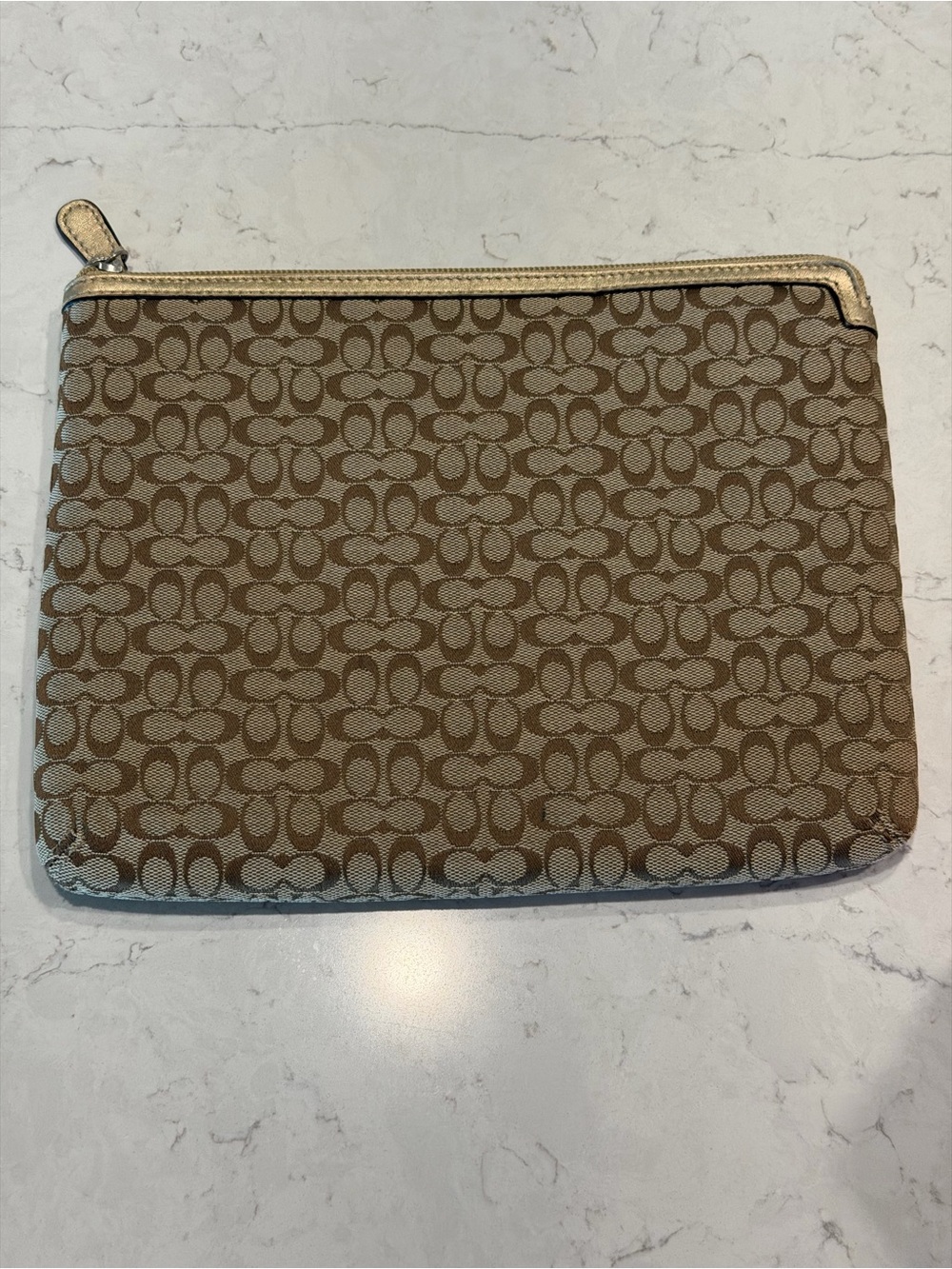 Coach Tan Signature Canvas Zip Pouch with Metallic Trim